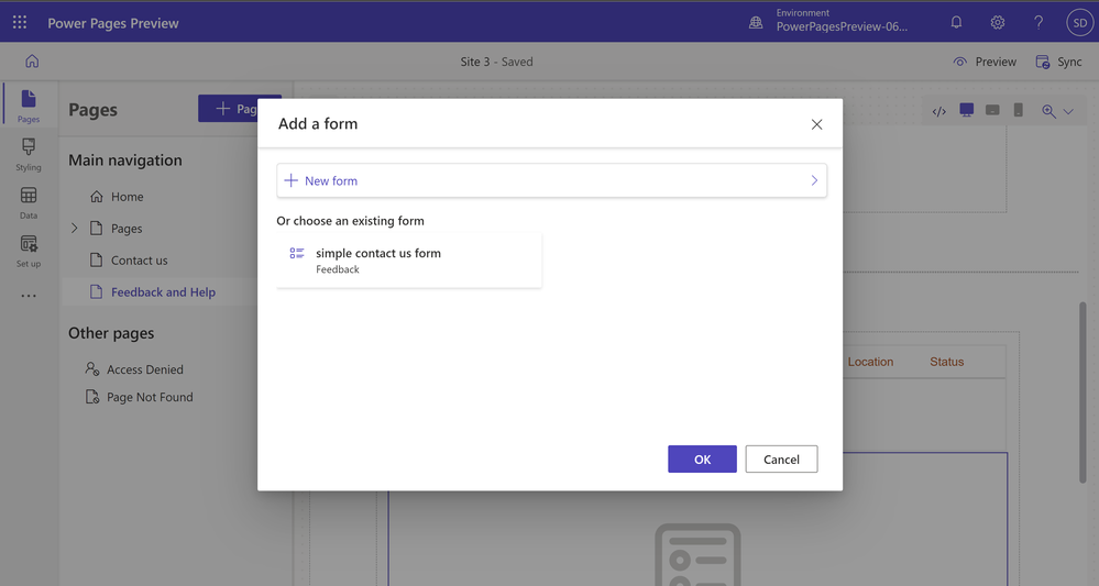 A picture showing the Add a form dialog box