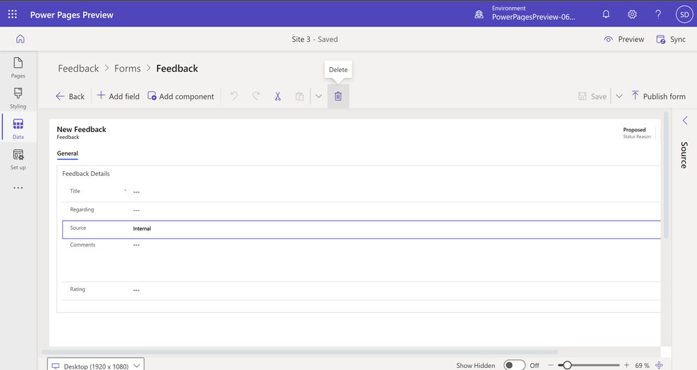 A picture showing how to edit the Feedback form