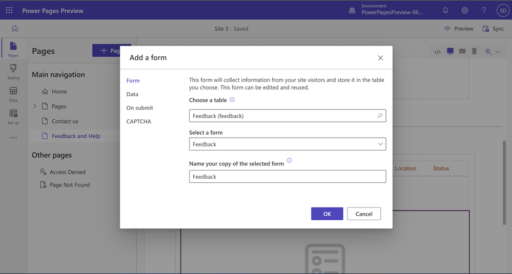 A picture showing form details for the Feedback Dataverse table