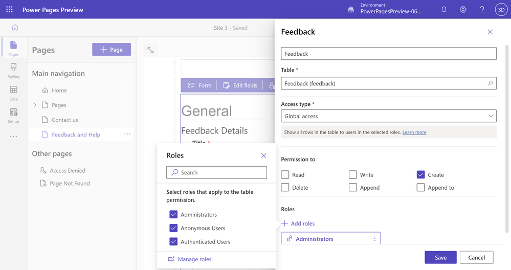 A picture showing how to update existing table permissions on the Feedback Dataverse table