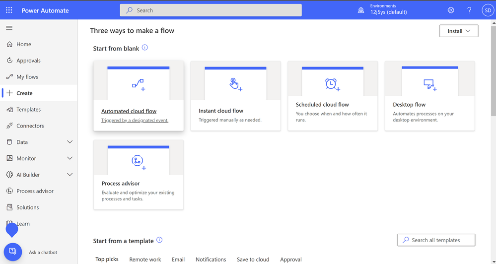 A picture showing Power Automate flow creation options