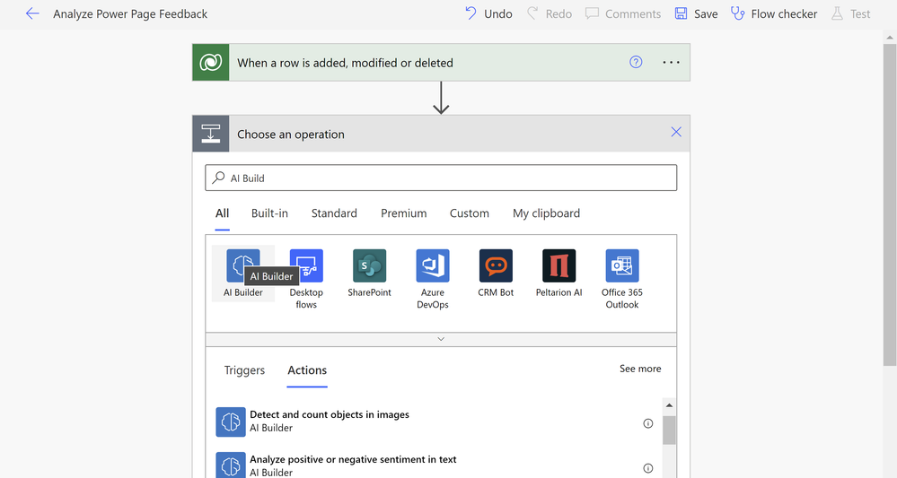 A picture showing how to add AI Builder on the Power Automate flow