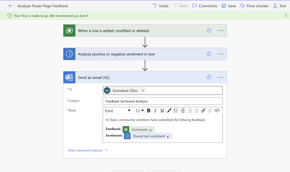 A picture showing the Send an Email (V2) action in Power Automate flow