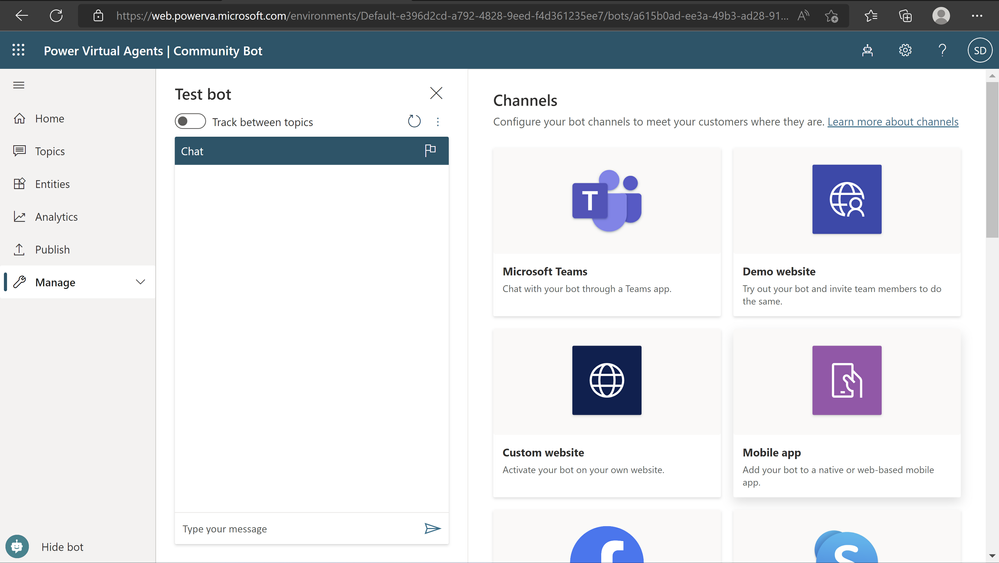 A picture showing how to manage a bot for different channels in Power Virtual Agents