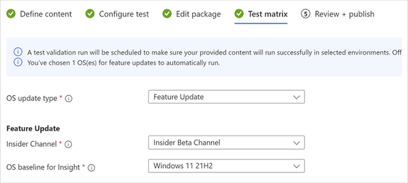 A screenshot of the Test Base text matrix pane showing what the user should select to test their apps against the latest preview build for Windows 11, version 22H2