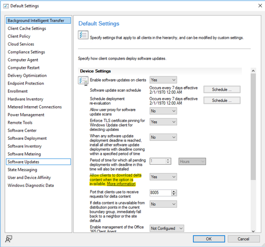 Screenshot of the Default Settings interface in the Configuration Manager console. "1.	Allow clients to download delta content when available" is highlighted and set to Yes.