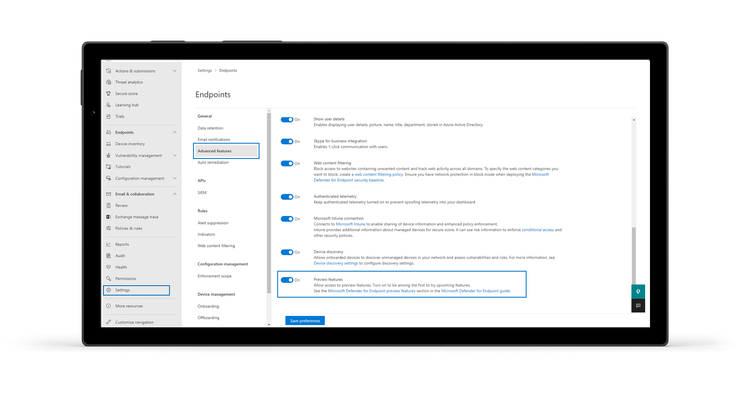 Figure 1: Start using the Preview of Microsoft Defender for Business servers by switching on Preview Features and onboarding servers.
