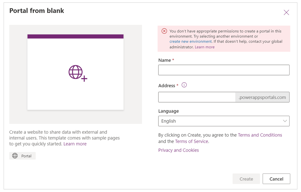 A picture showing PowerApps Portal creation error due to permissions