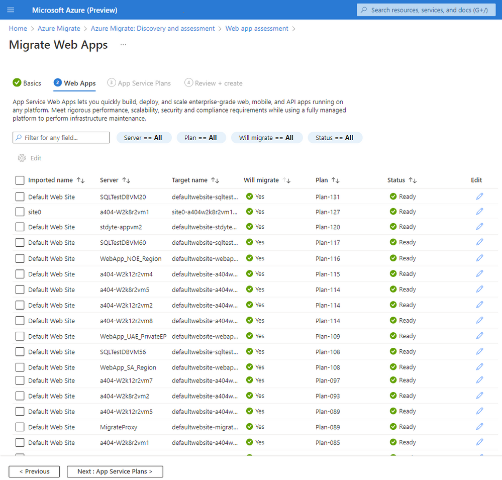 At scale discovery and assessments of web applications in Azure Migrate