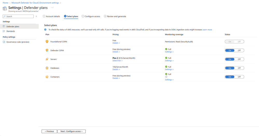 Figure 1: Native CSPM and CWP capabilities for AWS in Microsoft Defender for Cloud
