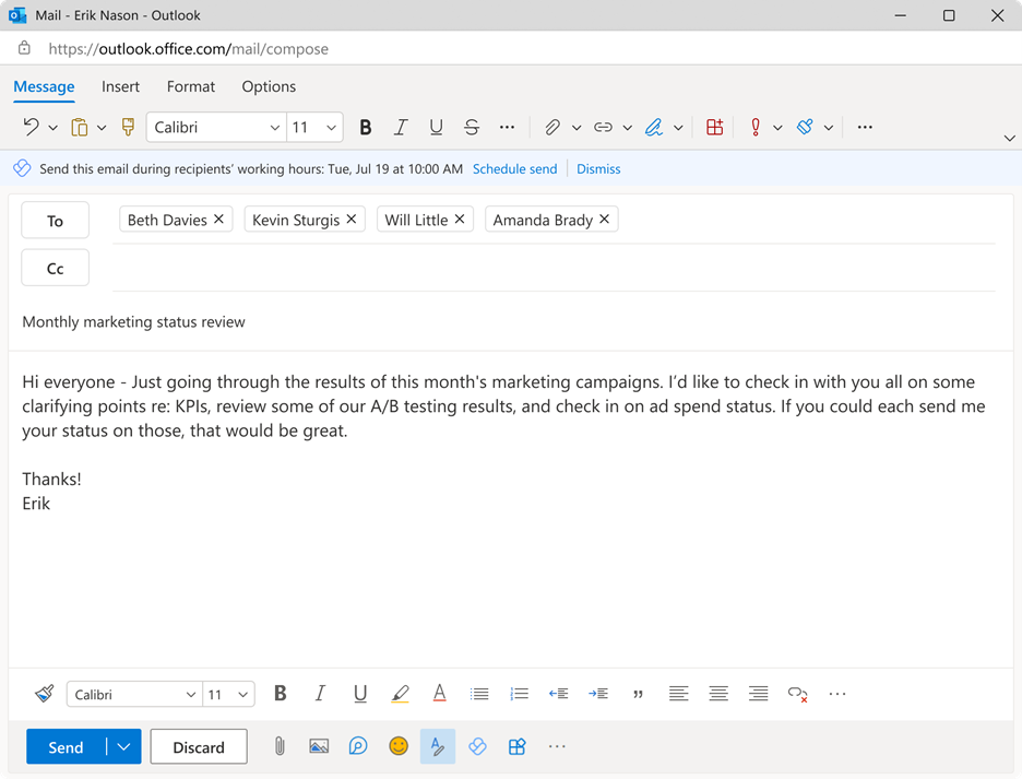 Inline suggestions in Outlook on the web