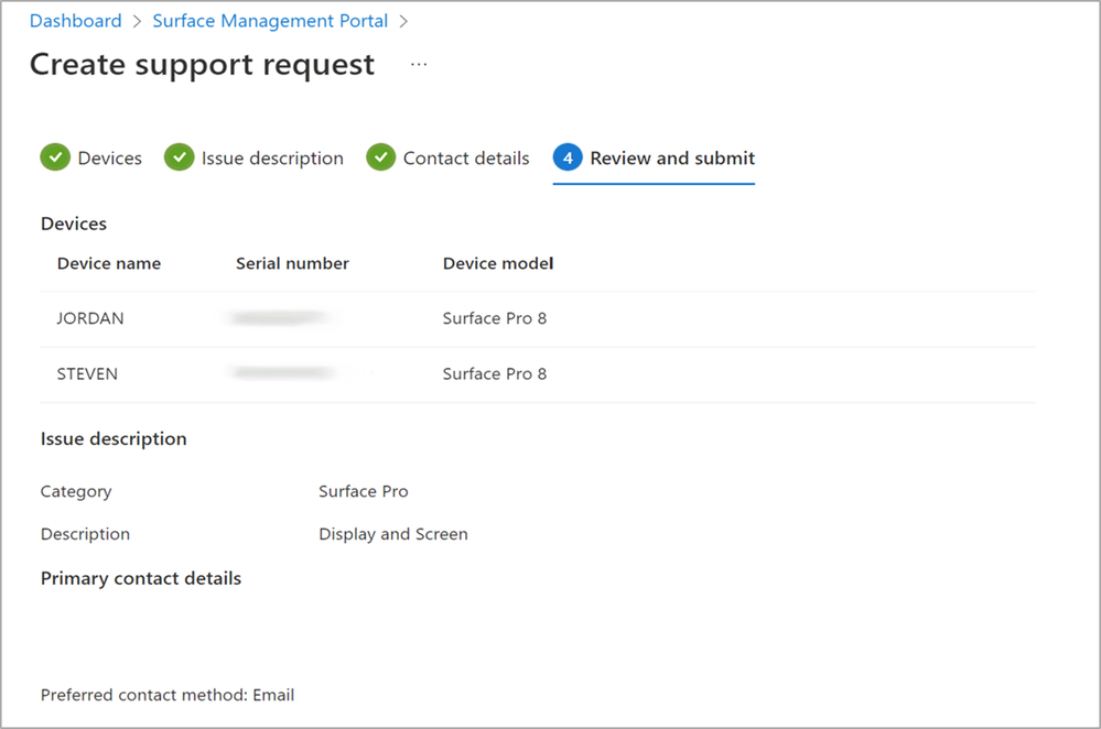 Support request creation flow in the Surface Management Portal.