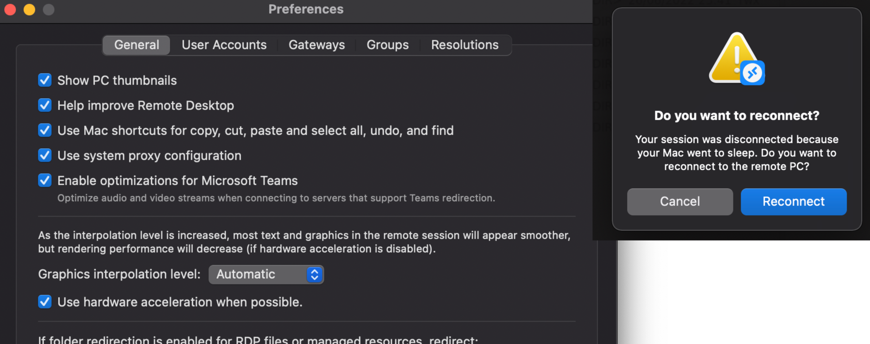 MacOS Microsoft Remote Desktop Preference to auto reconnect to