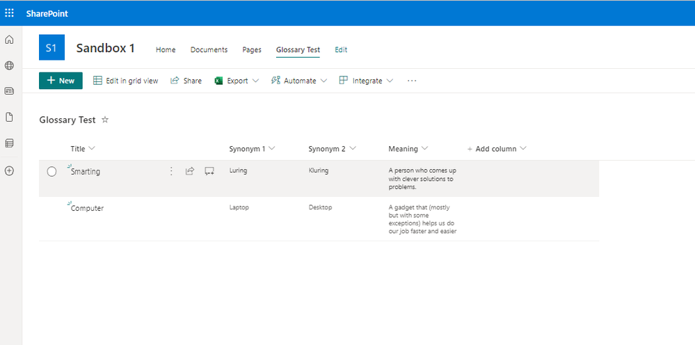 Create the Glossary as a Microsoft List