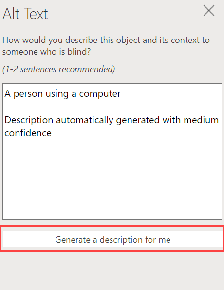 Alt text pane button reading "Generate a description for me"