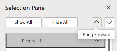 Selection panel with button tooltip "Bring Forward"