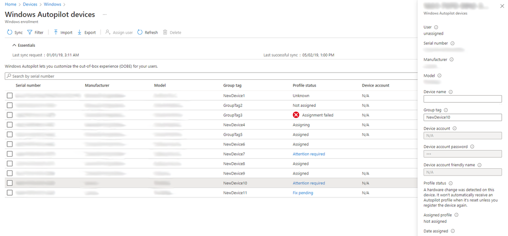 A screenshot of the description side panel that appears when clicking the ‘Attention required’ status of a device in the Windows Autopilot devices list.