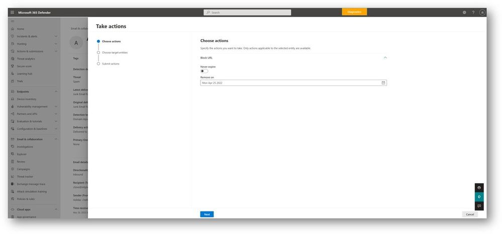 Figure 4: Taking a block URL action from the Email Entity page.