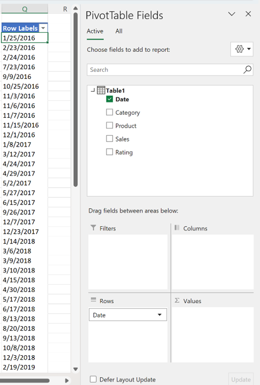 Power BI connected PivotTable