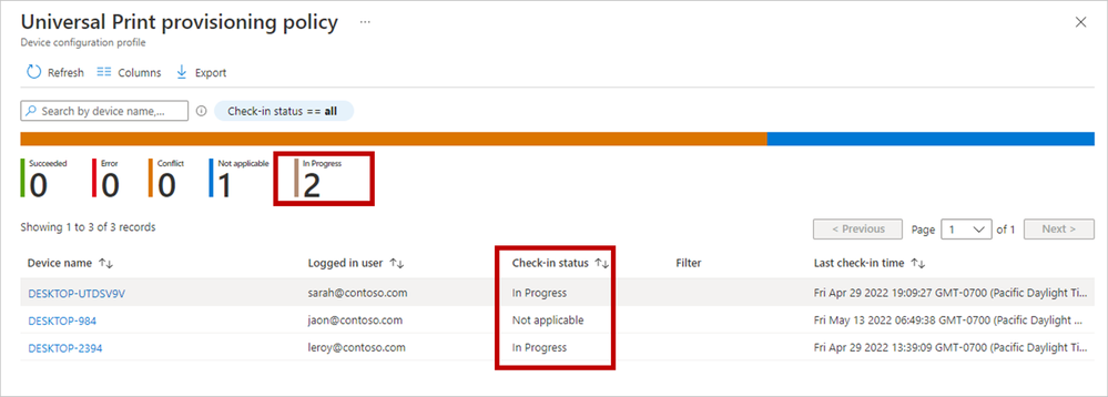 Microsoft Endpoint Manager admin portal displays the progress and results of the printer provisioning policy to enable Intune Admins to know the state of printer provisioning on each Windows device.