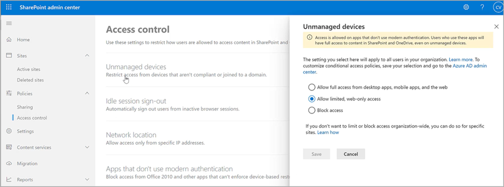 Screenshot of the "Unmanaged devices" pane on the Access control screen in the SharePoint admin center.