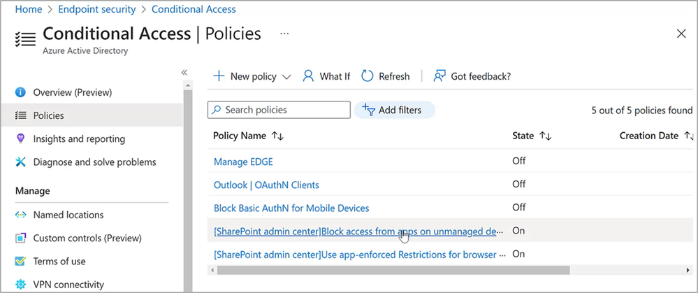 Screenshot of the "Conditional Access" policies pane in Azure Active Directory.