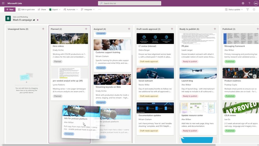 Create numerous views for your list to help others better visualize the information. Above, you can see Board view - great for managing information across a business process.