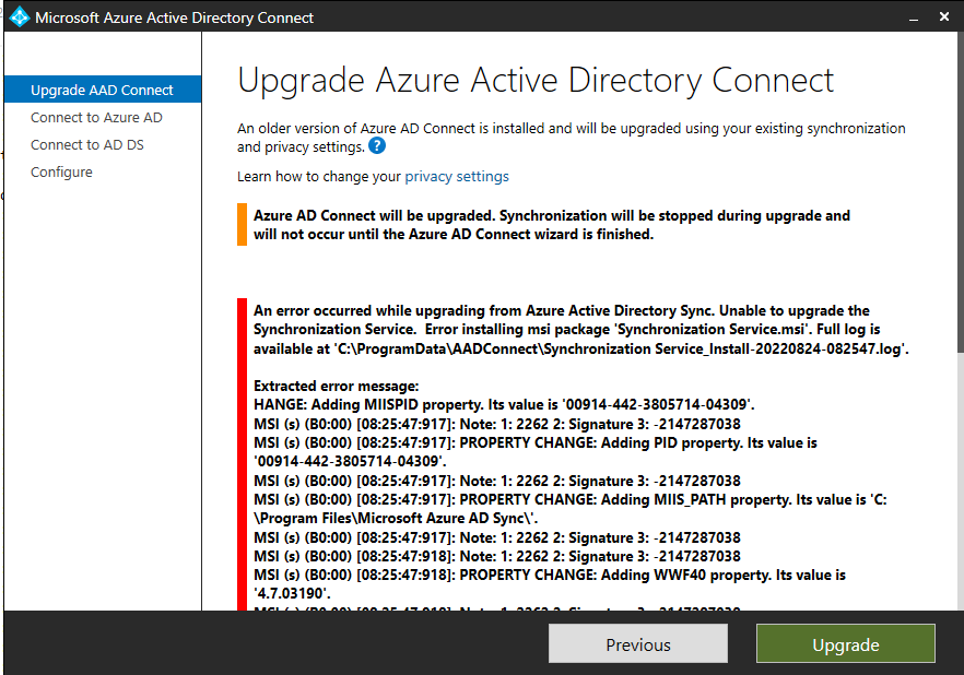 Azure AD Connect Failed Automatic Upgrade 1.6.16.0 to 2.1.16.0 ...