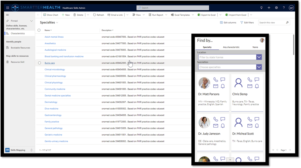 screenshot of a desktop computer and mobile phone showing a list of healthcare skills
