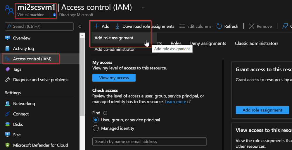 Figure 2 - Assigning custom role for cluster on VM to MSI - step 1/2