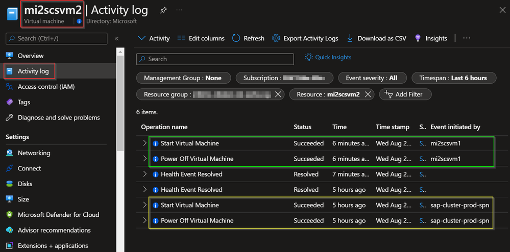 Figure 6 - Activity log of cluster testing with both SPN and MSI, showing differences.