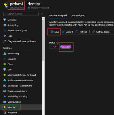 Figure 1 - Enabling system assigned identity to VM
