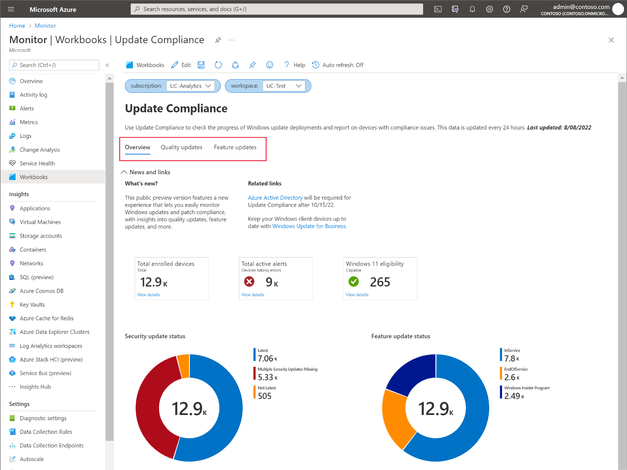 The Overview experience of the Update Compliance workbook