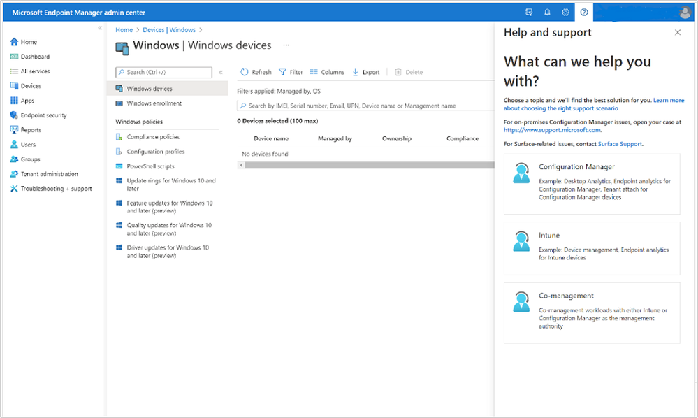 Screenshot of the Help and support pane accessed through clicking the help question mark icon near your profile pic in the Microsoft Endpoint Manager admin center.