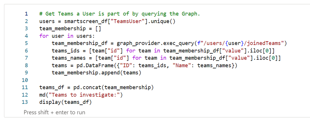 Screenshot showing Graph API calls with MSTICPy