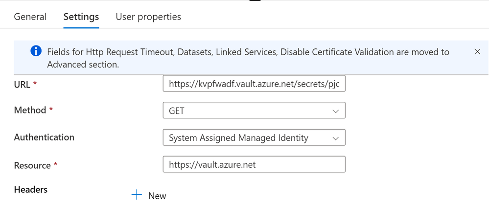 Example KeyVault settings