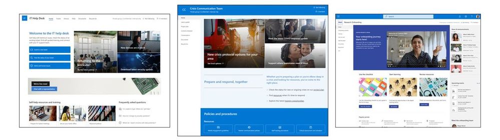 SharePoint site templates, left-to-right: IT Help Desk, Crisis communication, and New Employee Onboarding.