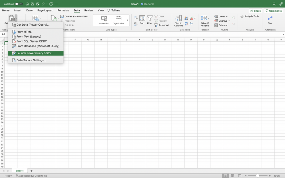 Launch Power Query Editor from the Data tab