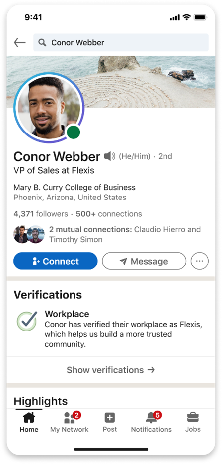 LinkedIn mobile app screen showing a member’s profile with a checkmark next to “Workplace” showing that the member has verified their workplace.