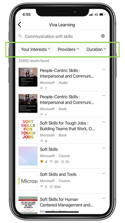 Screenshot of search filters in the Viva Learning mobile app