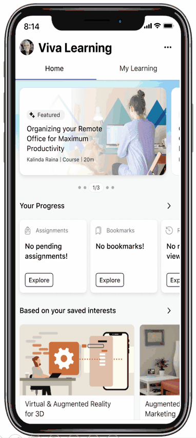 Animated GIF of Viva Learning mobile app Home tab