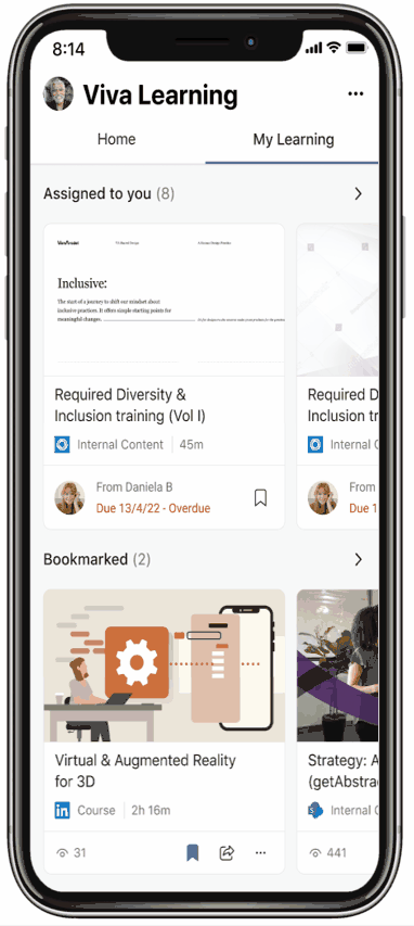 Animated GIF of Viva Learning mobile app My Learning tab