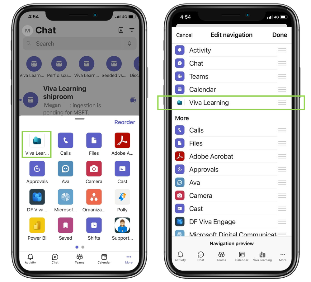 Screenshots of finding and pinning the Viva Learning mobile app