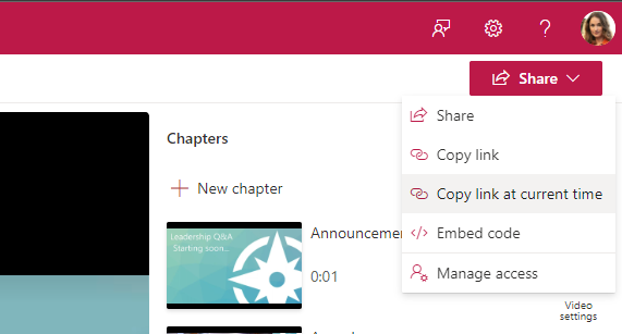 Screen shot of the new Stream web app page with Share button clicked showing option of "Copy link at current time".