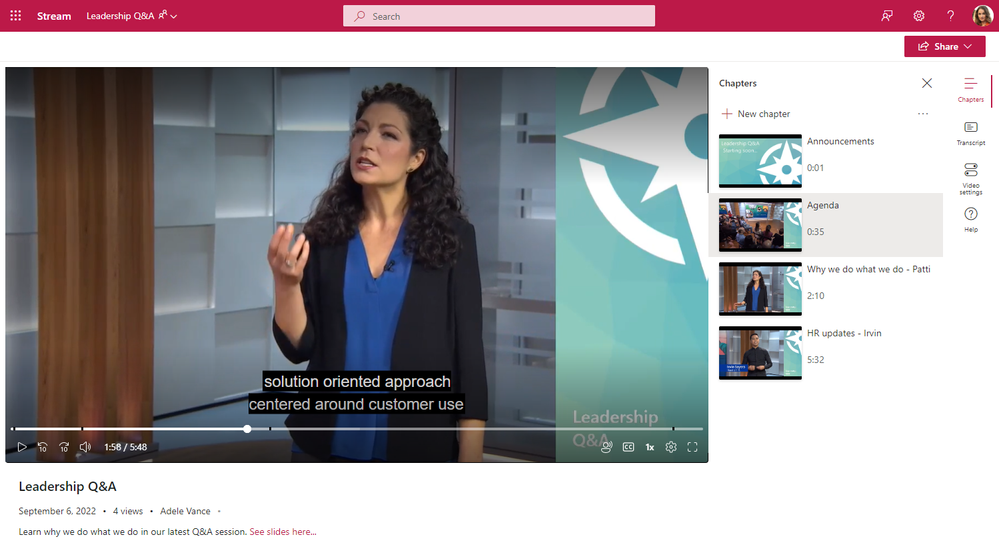 Screenshot of Stream web app player page with chapters open on the side and title and description of video under the video player.