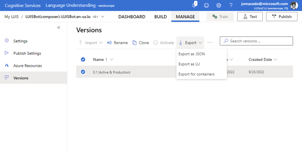 Exporting LUIS model to JSON