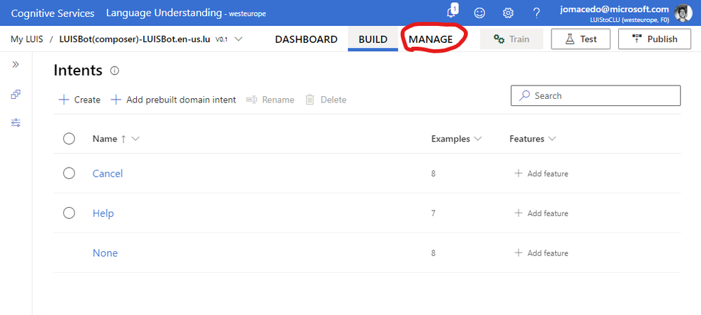 Navigating to the Manage menu