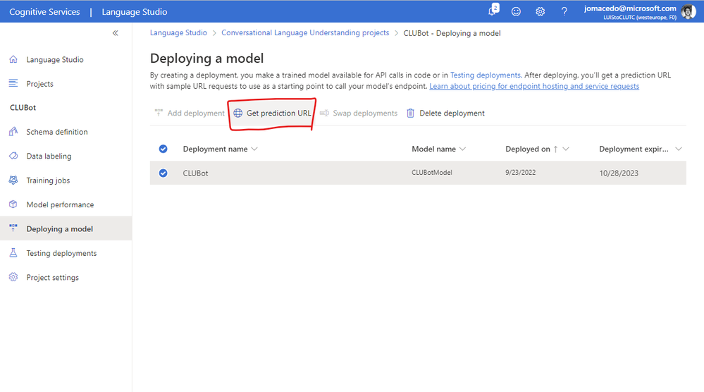 Getting deployment URL in Language Studio