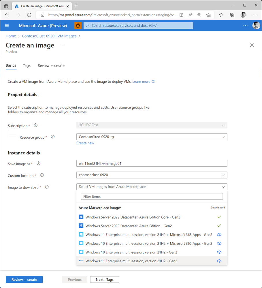 Screenshot of creating Azure Marketplace VM images on Azure Stack HCI