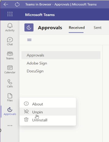 Figure 1 - Approvals in Teams pinned to the left rail.